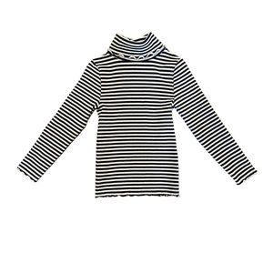 Boden Girls Turtleneck Top w/ Ruffled Edges, Navy Blue/White Stripes, Size 5-6y